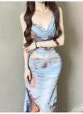 Art Fainting Print Hanging Neck Suit Female Neck Collar Collar Folded Folded Folded Strap Half-Dress Skirt Two