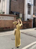 Korean Version Of Yellow Long-Sleeved Knitted Dress Women's Autumn Slime Temperamental Ass Dress Body To The Waist Long Skirt