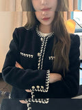 Jennie The Same Hand Nail Lace Collar / Strip Velvet Chain Coat Autumn Coat Black