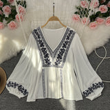 Vintage Ethnic Style Embroidered White Shirt Women's New Loose Casual Burse Shirt In The Spring And Fall Of 2025