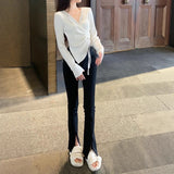 Autumn And Winter V-Neck Knitted Bottom Shirt Women Take Autumn And Winter French Waist Irregular Sweater Long-Sleeved Knitted Shirt Top