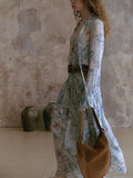 Mist Lanxiang Nomadic Style Print To Collect Waist Long Temperament V-Neck Dress With Sling Skirt