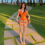 2026 Print Neck Neck Vest Woman To Collect Waist Thin Flower Short Word Half Skirt Holiday Wear