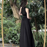 Sensing Black Hanging Neck Sleeveless Dress Woman 2025 Summer New French Temperament Open Fork Waist Long Skirt
