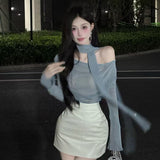2025 Autumn And Winter New Pure Lusty Temperament Shoulder-To-Shoulder Ribbon Design Design Design Of The Long-Sleeved Top Woman