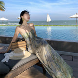 2026 High-End Design Beautiful Sling Dress Women's Summer Mesh Printing Temperament Lanky Seaside Vacation