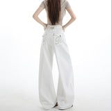 New Paris Buckle Adjustment Waist Design White Jeans Women High-Waisted Loose-Ragging Wide-Legged Trousers