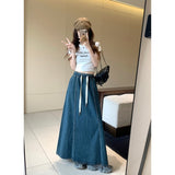 Real Shooting 2025 Korean Version Of The Retro Water Washing Tight Waist Draw Cowboy Half-Body Skirt In The Long Loose A-Word Big Swing Skirt