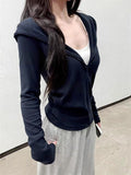 Autumn High-End Sense Simple Waist Thin Coat Female Casual Tibetan Blue V-Neck Zip Hooded Jacket Woman