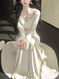 [Snow] Gentle Atmosphere Lace V-Neck Knitted Dress Waist Thin A Long Dress