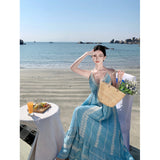 2025 Light Blue Holiday Wind And Back Hanging Neck Dress Bohimi Yay Heavy Industry Embroidered Long Dress Woman