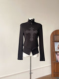 Vintage Elastic Punk Inside The Bottom Shirt High-Necked Hairy Dark-Toned Print Hot Diamond Long-Sleeved T-Shirt For Women Autumn