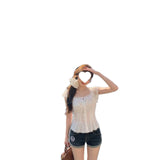 Imitation Of The Silk Fabric + Draw Rope Lace Practice A White Lace Lace Shoulder-To-Shoulder Shirt Women's Short Sleeves