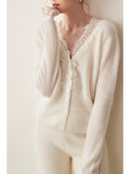Lace Side Design Shows Noble Baby Goat Knitted Cardigan V Collar Loose Short Wool Coat