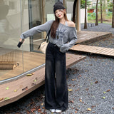 Black-Gray Denim Straight Pants Women's 2026 Summer New Design Retro Broad Legged Trousers