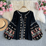 Bohemian Holiday Lantern Sleeve Shirt Female Heavy Industry Embroidery Tidaught Loose Design Sense Literary Temperament Top
