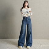 Vintage Non-Legged Micro-Tipped Jeans Women Autumn High Waist Hanging Feeling Niche Front Pocket Wide Leg Trumpet Trousers