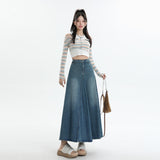 Vintage Washing Denim Half-Dress Woman Autumn A Big Skirt Splicing Medium Long Skirt High Waist Retro Style