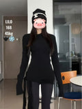 Black Strap T-Shirt Women's Spring And Autumn New Bottom With A Long Design Feel Open Fork To The Waist Thin Top