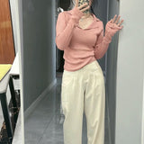 Sexy And Cute Polo Knitted Shirt Women's Early Autumn Thin Design Feel Bottom Wool Sweater