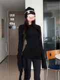 Black Strap T-Shirt Women's Spring And Autumn New Bottom With A Long Design Feel Open Fork To The Waist Thin Top