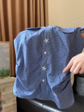 Blue Plaid Shoulder-Throw Design Short-Sleeved Shirt Women's Summer New Slimming Fashion Top