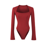 Grey Street Long-Sleeved T-Shirt Girl Spring And Autumn Slimming Square Collar Shoulder Knitting Hottie Bottom Top