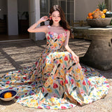 2025 Retro Square-Collar Oil Painting Sling Skirt Three-Dimensional Flower Temperament Print High-Waisted Splicing French Dress
