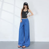 Bright-Colored Summer Oxygen-Sensitive Sleeves With Loose Straight-Tight Tug-And-Blow Trousers Blue Paratroopers Simulation Silk Tugging