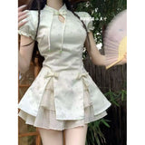 New Chinese Retro Small National Style Design Improved Cheongsam Dress Buckle Bubble Sleeve Half-Sleeve Two Sets