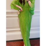 French Languid Green Dress 2026 Summer V-Neck Bat Sleeves Thin Perspective Holiday Style Long Shirt Skirt