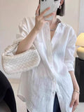High-Grade Linen Sunscreen Long-Sleeved Shirt Slack Feeling Set-Up Shirt Thin Loose Cotton Blue Shirt