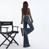 Micro-Horn Jeans Women High-Rise Loose Slim Slimy Retro Blue Lengthened Trousers Tall Lengthened Version