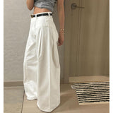Korean Version Of Chic Thin High Waist Pressure Fold Design Loose Broad-Legged Jeans Solid Color Large Version Of Trousers 2 Colors