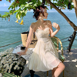 2025 French Romantic Delicate Temperament Beige Sling Skirt Bow Folding Cup Silken Sling Skirt Dress