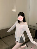 Korean Version Of The Design Feel Shoulder-To-Shoulder Perspective Sunscreen Long-Sleeved T-Shirt Spring And Autumn Pure Wind Open Fork Shirt Casual Top Woman