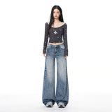 Vintage | Waterwash Crease Process | Loose-Fitting Wide-Legged Jeans Women Retro Blue Trousers