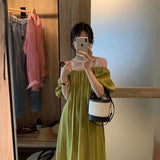 French Slings A Word Shoulder Green Dress Women 2025 Summer New Loose Shoulder-Sensitive Dress