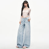 8199##Retro Old Cat Must Press Wrinkled Jeans Women 2026 New Loose Broad Legs Lanky Trousers