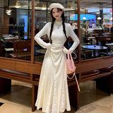 Small Knitted Dress Spring And Autumn Long-Sleeved Lace Spliced Fishtail Skirt Half-High Collar Inside The Sweater Skirt