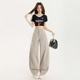 2026 Spring On The New High-Waisted Broad-Legged Sleek Sleek Pants Morandi Gray Tug Trousers Women's Pants