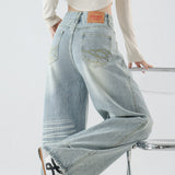 Small Retro Wash Wide Leg Jeans Women Autumn Design Embroidered Folds Loose Drag Trousers