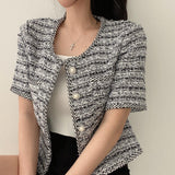 Korean Chic Spring And Summer French Small Fragrant Wind Pearl Buckle Round Necker Coarse Flowers Short Sleeves Jacket Topess