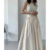 Korean Version Of The Summer Simple Round Collar Show Thin Splicing Folded Elastic Waist Skirt Sleeveless Long Dress 6 Colors