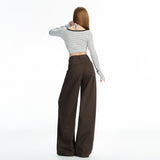 6605 New Coffee Color Retro Babes Split Jeans Women Straight Show Thin Loose Leg Trousers