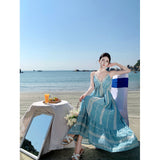 2025 Light Blue Holiday Wind And Back Hanging Neck Dress Bohimi Yay Heavy Industry Embroidered Long Dress Woman