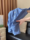Blue Plaid Shoulder-Throw Design Short-Sleeved Shirt Women's Summer New Slimming Fashion Top
