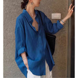 High-Grade Linen Sunscreen Long-Sleeved Shirt Slack Feeling Set-Up Shirt Thin Loose Cotton Blue Shirt