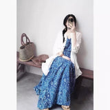 Blue Smashed Sling Dress Girl 2026 Summer New French V-Neck Holiday Thin Beach Dress Bohemian