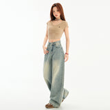 High Street Retro Broad-Legged Trousers Babes Loose Hanging Feeling Worn Mop Cowgirl Trousers Lengthy Denim Cotton